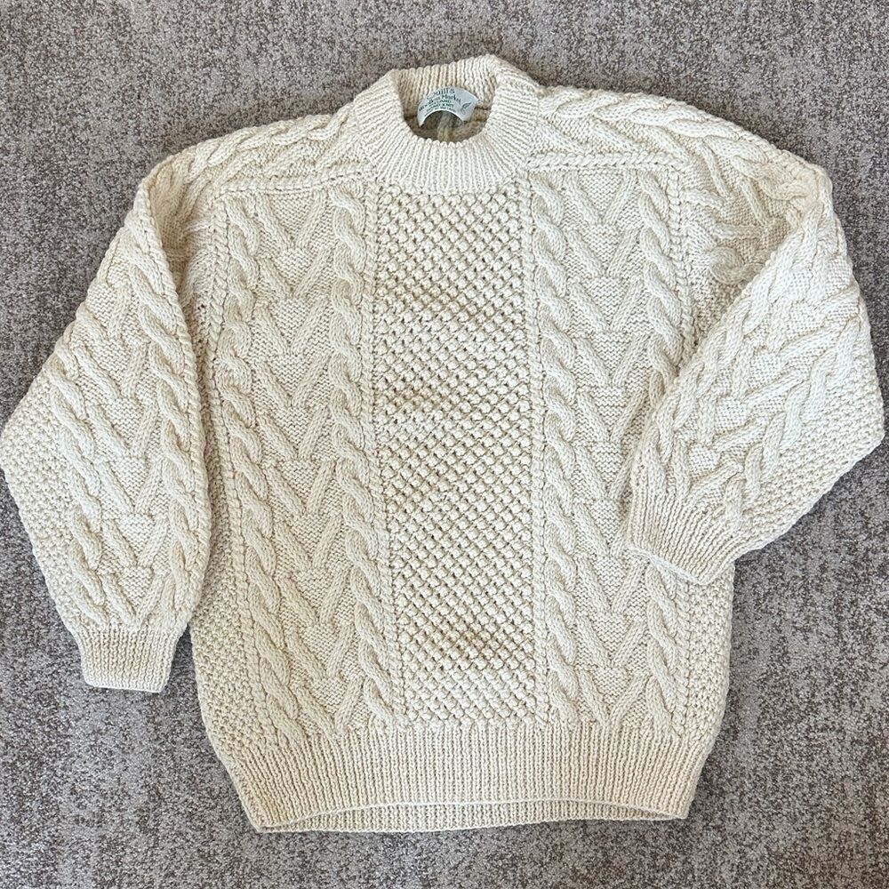 Quills Hand Knit Aran Irish Wool Sweater L/XL